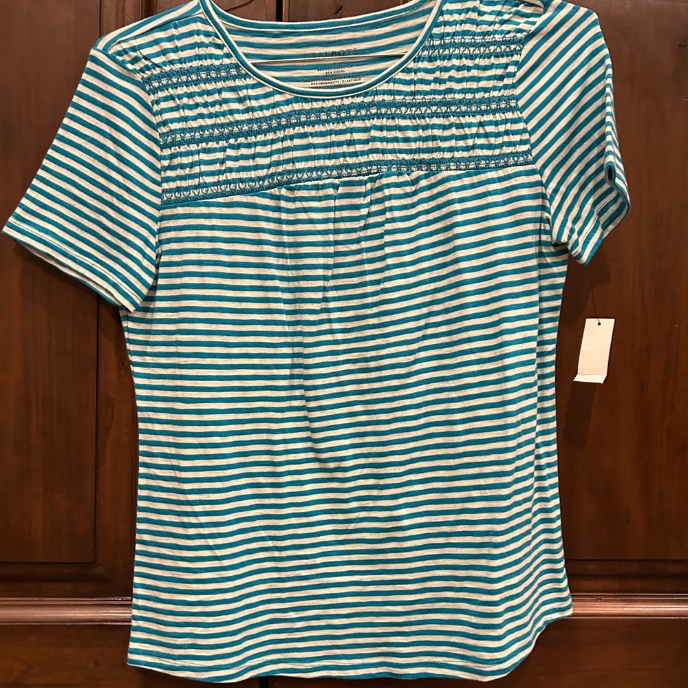 Talbots Teal and White Striped Short Sleeve Top 100% Cotton 40% Modal